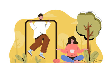 Outdoor training concept. Man exercises on horizontal bar, woman meditates situation. Healthy lifestyle people scene. Illustration with flat character design for website and mobile site