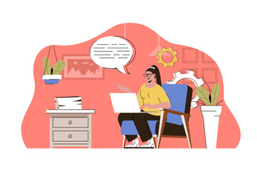 Remote work concept. Woman working online with laptop from home office situation. Freelancer workplace people scene. Illustration with flat character design for website and mobile site