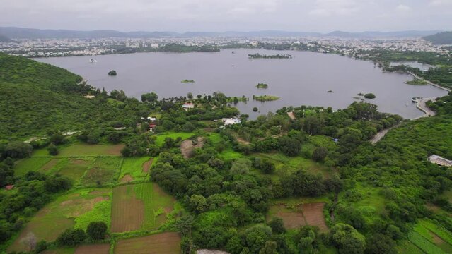 Aerial panoramic view of Fateh Sagar lake in cloudy day, Udaipur. Tourism in India