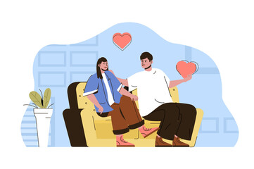 Romantic evening concept. Man and woman talks sitting on couch and situation. Loving couple spend time together people scene. Illustration with flat character design for website and mobile site