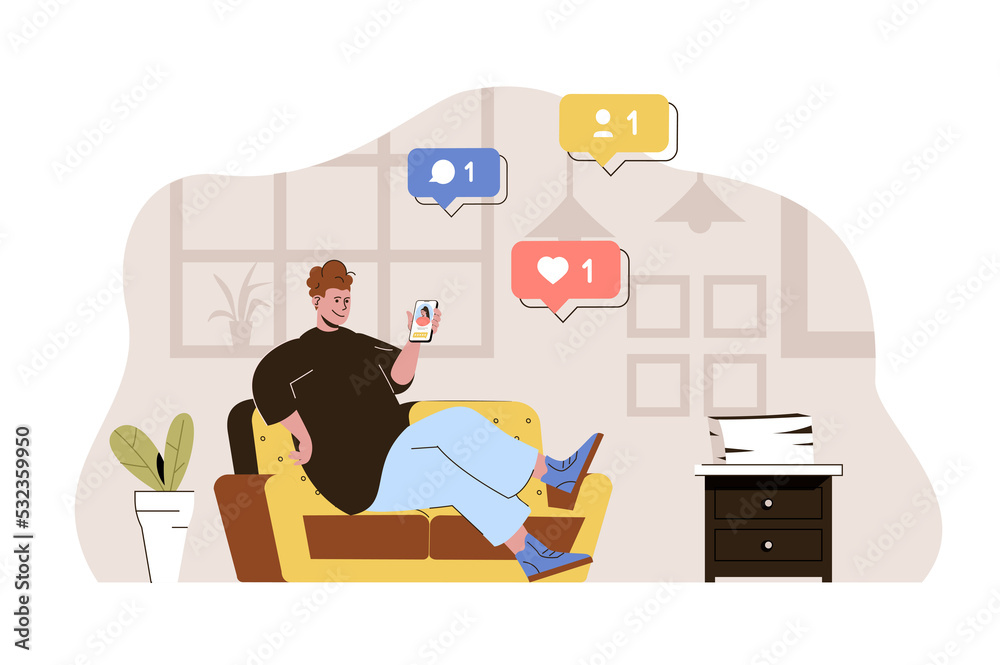 Poster social network concept. man browsing posts, likes and comments at smartphone situation. online commu