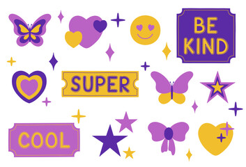 Set of cool retro girly stickers. Vector illustration in y2k style.
