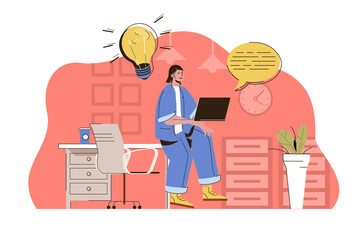 Startup coworking concept. Employee works at laptop with creative ideas situation. Businesswoman in open office people scene. Illustration with flat character design for website and mobile site
