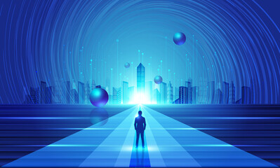 Businessman facing towards future city futuristic technology space background