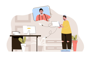 Tech support concept. Operator call center consults man in video chat situation. Solving technical problems people scene. Illustration with flat character design for website and mobile site