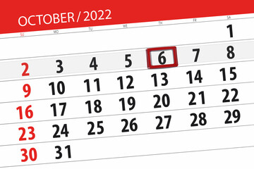 Calendar 2022, deadline, day, month, page, organizer, date, october, thursday, number 6