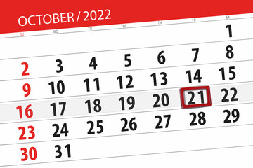 Obraz premium Calendar 2022, deadline, day, month, page, organizer, date, october, friday, number 21