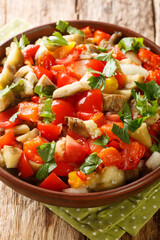 Turkish salad with grilled eggplant, baked peppers, onions, tomatoes and garlic close-up in a bowl on the table. Vertical