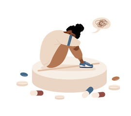 Depressed african woman sitting on huge pill. Sad girl with headache. Mental disorders concept. Antidepressants, vitamins and hormonal medications. Vector illustration in flat cartoon style.