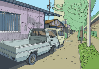 Truck on a small street in Tokyo, Anime background