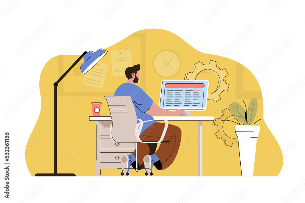 Poster Work optimization concept. Man creates schedule, planning processes and tasks situation. Time management people scene. Illustration with flat character design for website and mobile site