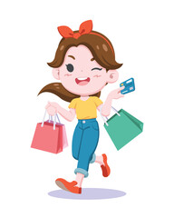 Cute style happy woman shopping with credit card cartoon illustration 