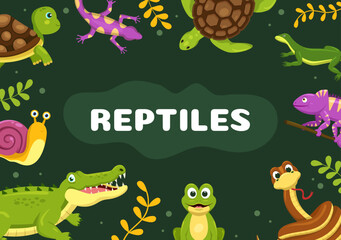 Set of Animal Reptile Template Hand Drawn Cartoon Flat Illustration with Various Types of Reptiles Animals Concept