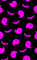 Halloween, seamless pattern with ghosts and bats. Endless background, decor elements, color fabric, textile, wallpaper.