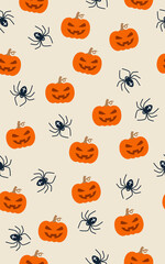 Halloween, seamless pattern with pumpkins and spiders. Endless background, decor elements, color fabric, textile, wallpaper.