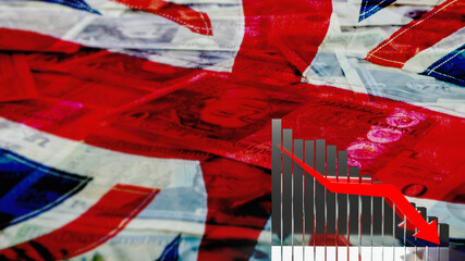 The business chart arrow down on English flag background  3d rendering.