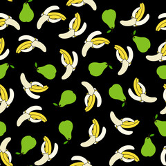 Seamless pattern with pears and bananas on a black background. Fruit pattern.