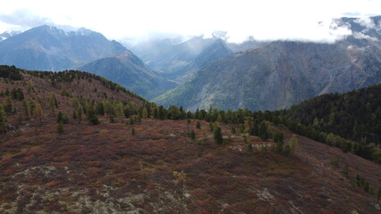 Picturesque mountain valley scenic view. Marvelous golden autumn colors mountain range. Altai mountains.