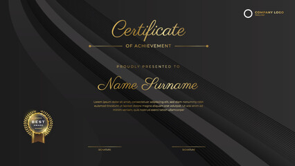 Black Certificate template in vector for achievement graduation completion - stock vector