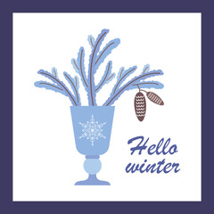 Greeting winter postcard with spruce branches in a glass