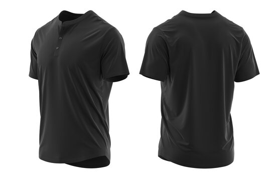 T-shirt henley collar short sleeve with placket and button. jersey fabric texture ( 3d rendered ) Black
