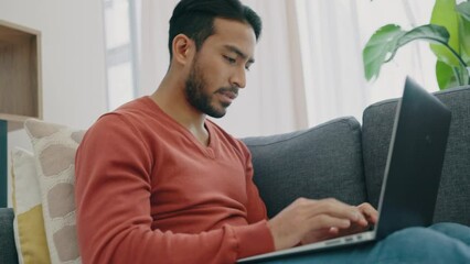 Man writing email, frustrated working from home and reading digital laptop screen in living room. Cybersecurity glitch, typing online password and young latino person use internet technology on sofa