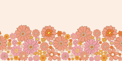 Retro vector seamless pattern texture horizontal pattern border vintage style 70' and 60's flower pattern pink orange flowers and leaves, great for wallpaper background fabric projects. 