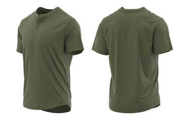 T-shirt henley collar short sleeve with placket and button. jersey fabric texture ( 3d rendered ) Olive