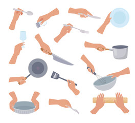 holding utensils. dishes spoon fork plates and knifes kitchenware tools in hands. Vector cartoon templates