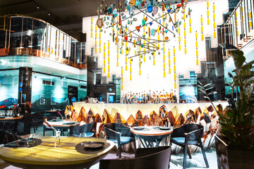 Interior of a luxury restaurant with large crystal druze
