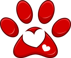 Love Paw Print Logo Design With Heart. Hand Drawn Illustration Isolated On Transparent Background