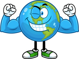 Smiling Earth Globe Cartoon Character Winking And Showing Muscle Arms. Hand Drawn Illustration Isolated On Transparent Background