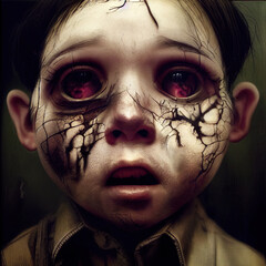 Possesed child with black blood and red eyes, hallowween horror - obrazy, fototapety, plakaty