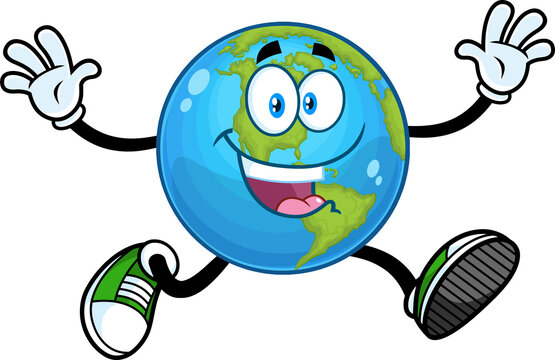 Happy Earth Globe Cartoon Character Running With Open Arms. Hand Drawn Illustration Isolated On Transparent Background