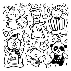 Set of hand drawn cartoon Christmas animal vector illustration