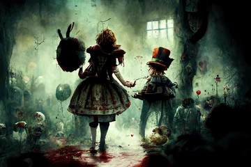 Foto op Aluminium Alice in wonderland, horror style for halloween, hatter and bunny are demons © Guy