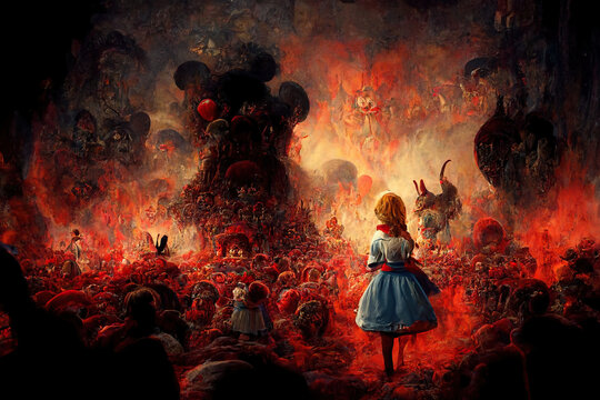 Alice in wonderland, disturbing horror style, halloween, she's in hell with demons. 