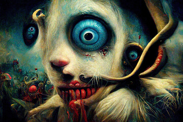 Salvador Dali style painting of alice in wonderland - horror, scary, mutation, morph