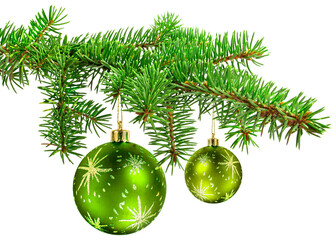 Green decoration balls on christmas tree branch