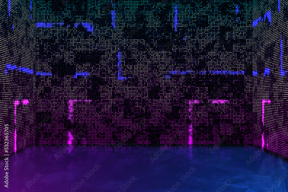 Poster abstract glowing pixel wall backdrop. large led projection screens. 3d rendering.
