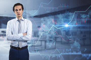 Attractive thoughtful young european businessman with creative glowing forex chart on blurry office interior background. Trade, finance, stats. Double exposure.