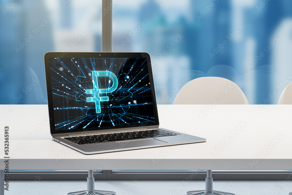Poster Close up of laptop with ruble sign on screen on modern desktop workplace with blurry window and city view in the background. 3D Rendering.