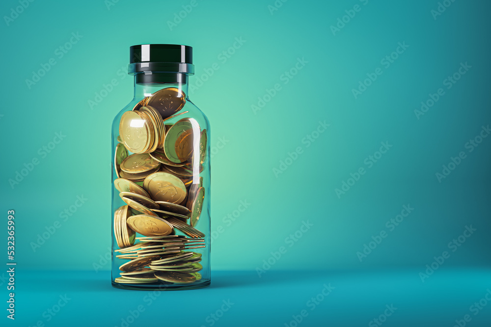 Poster abstract 3d rendering of glass bottle with golden dollar coins on blue background with mock up place