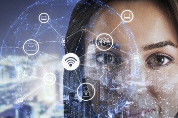 female with abstract glowing wi-fi icons polygonal globe on blurry city background. wi fi internet connection in digital city connect to global technology success of business marketing.