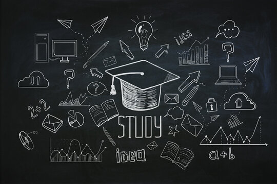 Creative education sketch on chalkboard wall background. Freehand drawing of school items. Back to School concept.