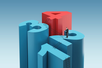 Thoughtful young businessperson standing on abstract blue and red digit stairs. Progression, development, success and business plan concept.