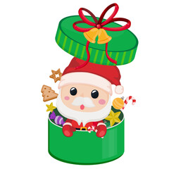 Christmas cartoon. Santa claus and a lot of gift in big gift box.