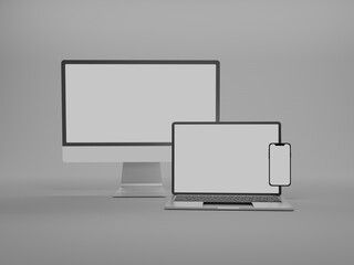 Multi-device website presentation mock-up view.  white background with shadow. 3d rendering  