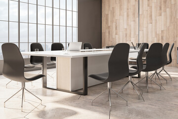 Modern wooden and concrete tile, empty bright meeting room interior with furniture, glass wall and daylight. 3D Rendering.