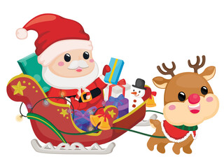 Christmas cartoon. Santa Claus and a lot of gift on sleigh with reindeer.